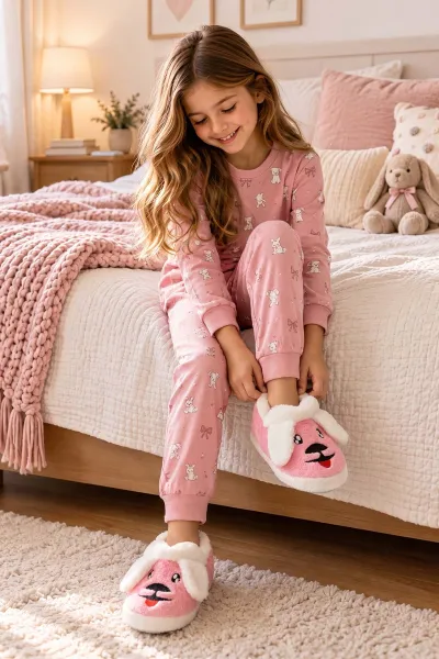 Pembe ( 29 - 34 ) Peluş Figürlü Kız Çocuk Panduf 494664