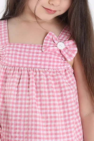 Pembe (3-10 Yaş) Fiyonklu Pötikare Desen Şapkalı Kız Çocuk Elbise 341682