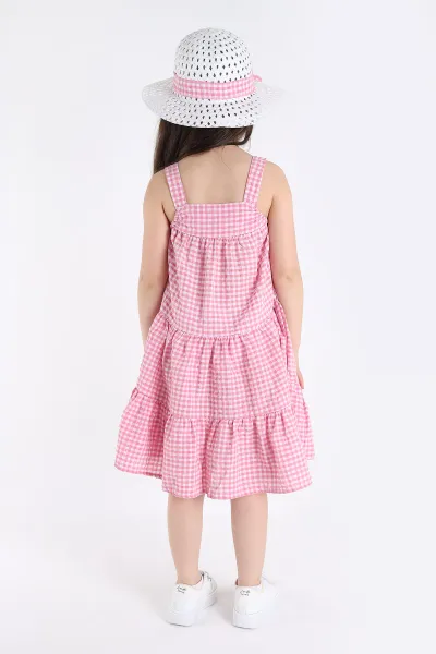 Pembe (3-10 Yaş) Fiyonklu Pötikare Desen Şapkalı Kız Çocuk Elbise 341682