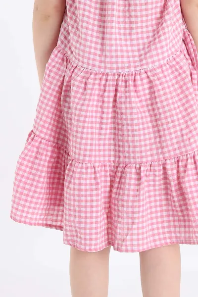 Pembe (3-10 Yaş) Fiyonklu Pötikare Desen Şapkalı Kız Çocuk Elbise 341682