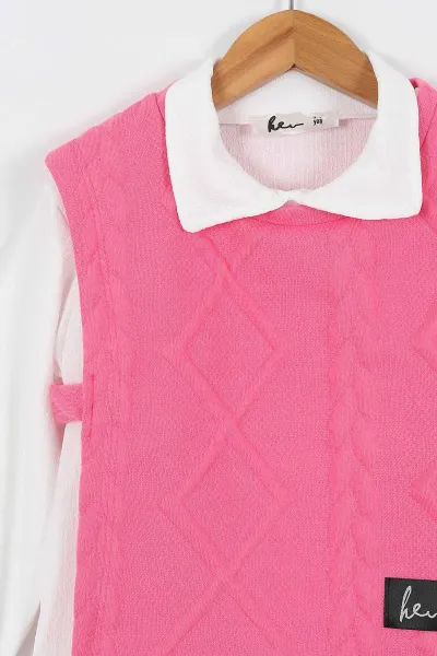 Pembe (3-10 Yaş) Kabartma Desenli Bürümcük Gömlek Yaka Badili Kız Çocuk 3'lü Takım 337462