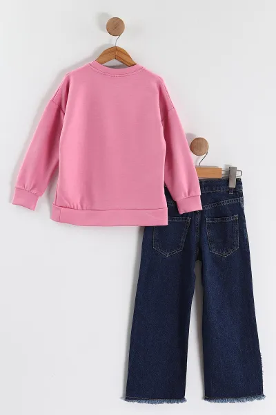 Pembe (3-10 Yaş)  Tül Fiyonk Nakışlı  Lazer Kesim Kot Pantolonlu Kız Çocuk 2'li Takım 437382