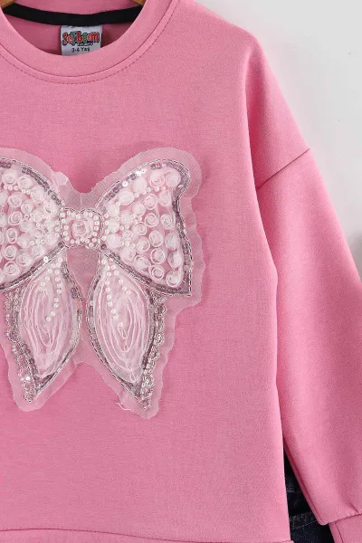 Pembe (3-10 Yaş)  Tül Fiyonk Nakışlı  Lazer Kesim Kot Pantolonlu Kız Çocuk 2'li Takım 437382