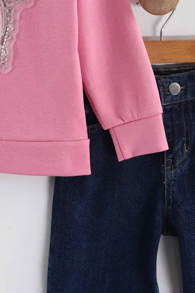 Pembe (3-10 Yaş)  Tül Fiyonk Nakışlı  Lazer Kesim Kot Pantolonlu Kız Çocuk 2'li Takım 437382
