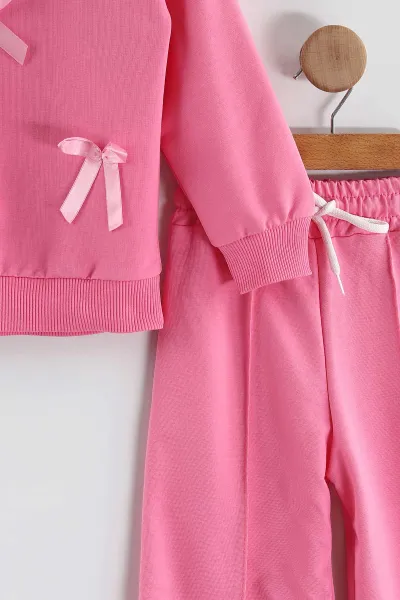 Pembe (3-10 Yaş)Fiyonk Aksesuarlı   Çimalı Bol Paça İki İp Kız Çocuk Takım 439762