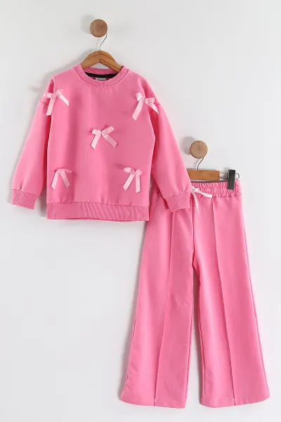 Pembe (3-10 Yaş)Fiyonk Aksesuarlı   Çimalı Bol Paça İki İp Kız Çocuk Takım 439762