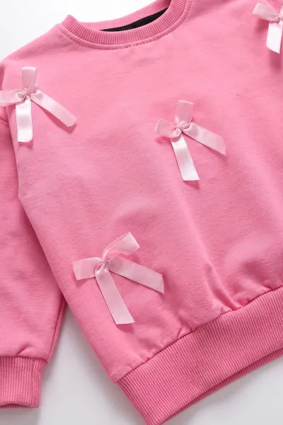 Pembe (3-10 Yaş)Fiyonk Aksesuarlı Çimalı Bol Paça İki İp Kız Çocuk Takım 473597
