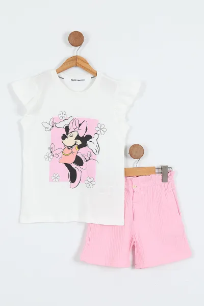 Pembe (3-10 Yaş)Karakter Baskılı Kol Fırfırlı Müslin Keten Şortlu Kız Çocuk Takım 357312