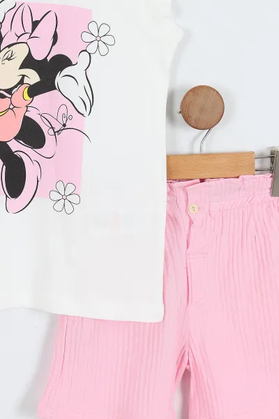 Pembe (3-10 Yaş)Karakter Baskılı Kol Fırfırlı Müslin Keten Şortlu Kız Çocuk Takım 357312