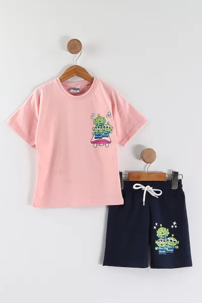 Pembe (3-10 Yaş)Ön Arka Baskılı Şortlu Kız Çocuk Takım 452609