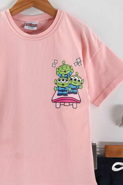 Pembe (3-10 Yaş)Ön Arka Baskılı Şortlu Kız Çocuk Takım 452609