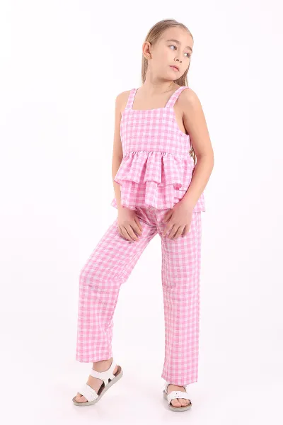 Pembe (3-10 Yaş)Pötikare Desen Yarım Düğmeli Katlı Keten Kız Çocuk Yazlık Takım 344628