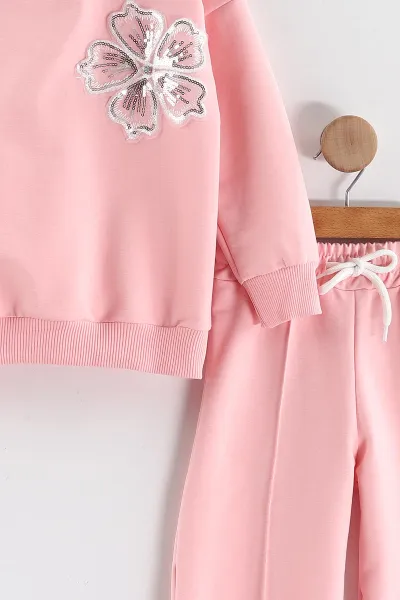 Pembe (3-10 Yaş)Pullu Çiçek Aplikeli Çimalı İki İp Kız Çocuk Takım 433673
