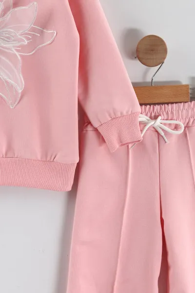 Pembe (3-10 Yaş)Tül Aplikeli Çimalı İki İp Kız Çocuk Takım 433669