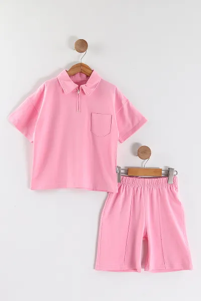 Pembe (3-10 Yaş)Yarım Fermuar Yakalı Cep Detaylı Çimalı Şortlu Kız Çocuk Takım 447125