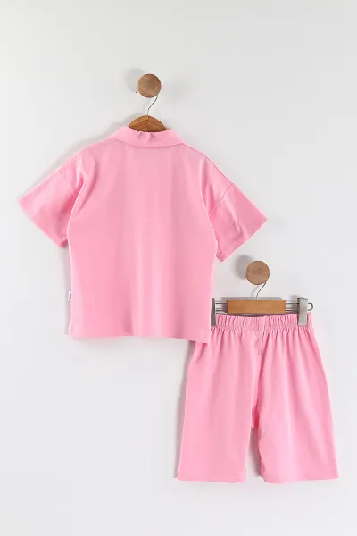 Pembe (3-10 Yaş)Yarım Fermuar Yakalı Cep Detaylı Çimalı Şortlu Kız Çocuk Takım 447125