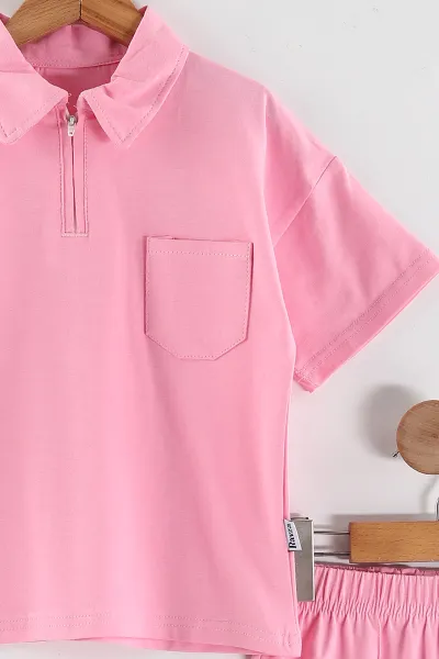 Pembe (3-10 Yaş)Yarım Fermuar Yakalı Cep Detaylı Çimalı Şortlu Kız Çocuk Takım 447125