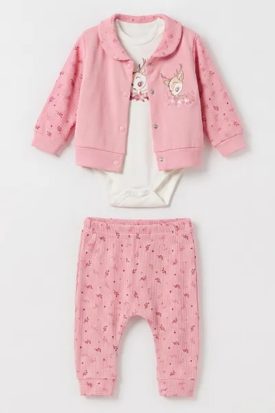 Pembe (3-12 Ay) Ceylan Nakışlı Hırkalı Waffle Kız Bebek 3'lü Takım 479428