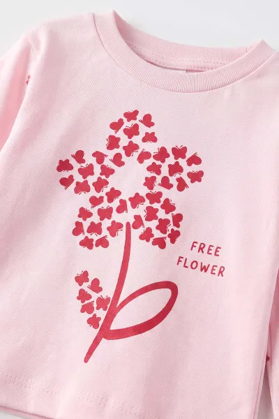 Pembe (3-12 Ay) Flower   Baskılı Penye Kız Bebek Pijama Takım 500326