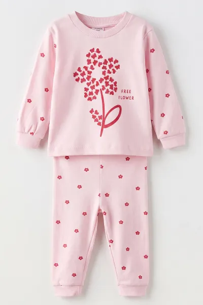 Pembe (3-12 Ay) Flower   Baskılı Penye Kız Bebek Pijama Takım 500326