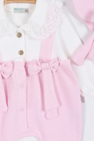 Pembe (3-12 Ay) Güpür Yaka Detaylı Fiyonklu Patikli Şapkalı Kız Bebek Tulum 304147