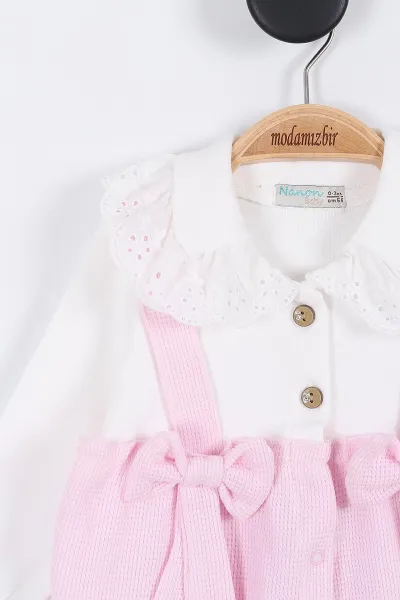 Pembe (3-12 Ay) Güpür Yaka Detaylı Fiyonklu Patikli Şapkalı Kız Bebek Tulum 304147