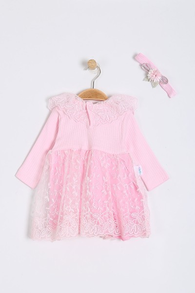 Pembe (3-12 Ay) Kalp Desenli Tüllü Bandanalı Kız Bebe Elbise 201090