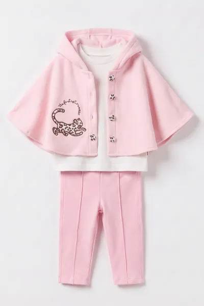 Pembe (3-12 Ay) Kapüşonlu Polar Pelerinli Kız Bebek 3'lü Takım 487763