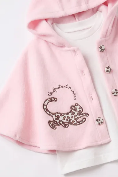 Pembe (3-12 Ay) Kapüşonlu Polar Pelerinli Kız Bebek 3'lü Takım 487763