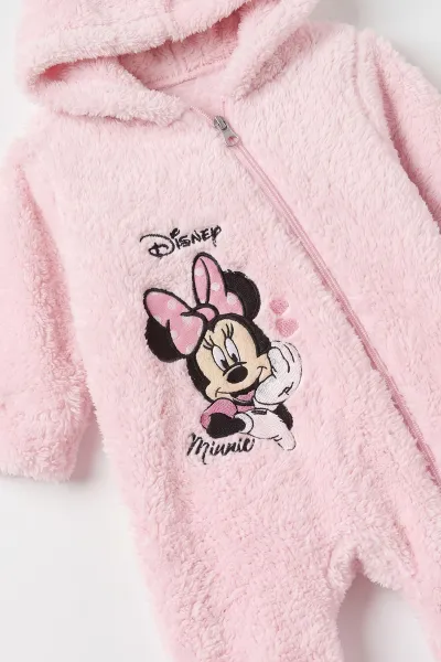 Pembe (3-12 Ay) Karakter Nakışlı  Kapüşonlu Peluş Kız Bebek Tulum 495675