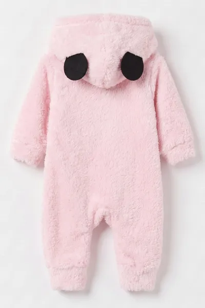 Pembe (3-12 Ay) Karakter Nakışlı  Kapüşonlu Peluş Kız Bebek Tulum 495675