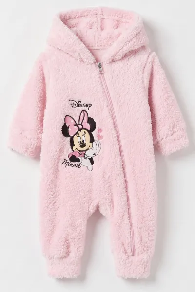 Pembe (3-12 Ay) Karakter Nakışlı  Kapüşonlu Peluş Kız Bebek Tulum 495675
