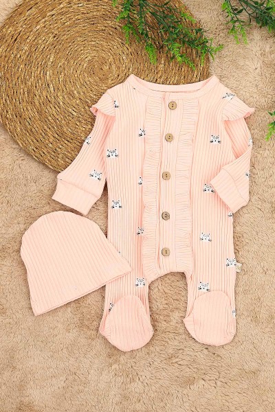Pembe (3-12 Ay) Kedi Baskılı Önü Fırfırlı Kız Çocuk Tulum 152344