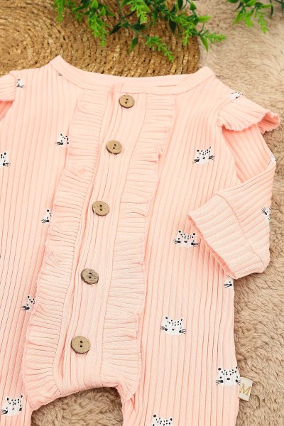 Pembe (3-12 Ay) Kedi Baskılı Önü Fırfırlı Kız Çocuk Tulum 152344
