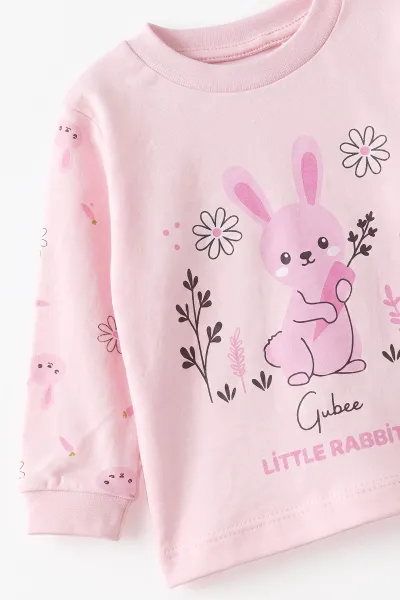 Pembe (3-12 Ay) Little Rabbit Baskılı Penye Kız Bebek Pijama Takım 500324