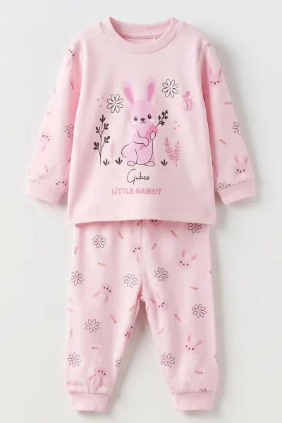 Pembe (3-12 Ay) Little Rabbit Baskılı Penye Kız Bebek Pijama Takım 500324