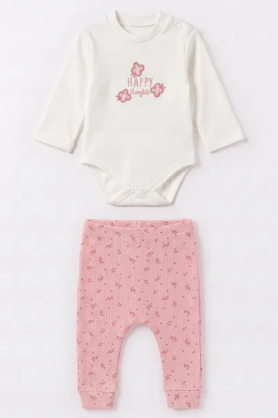 Pembe (3-12 Ay) Nakışlı Hırkalı Waffle Kız Bebek 3'lü Takım 479432