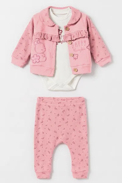 Pembe (3-12 Ay) Nakışlı Hırkalı Waffle Kız Bebek 3'lü Takım 479432