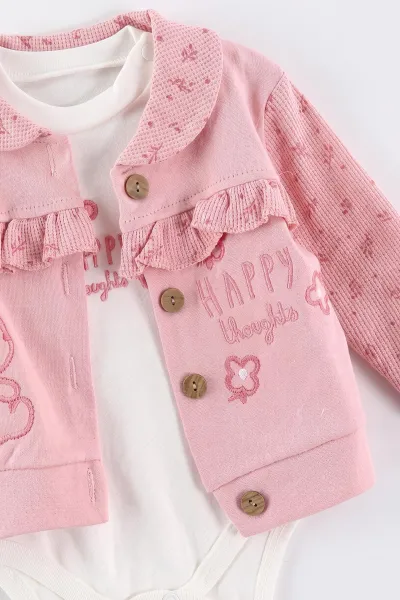 Pembe (3-12 Ay) Nakışlı Hırkalı Waffle Kız Bebek 3'lü Takım 479432