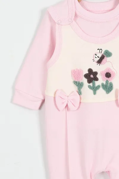 Pembe (3-12 Ay) Süzene Lale ve Arı Nakışlı Kız Bebek Salopet Takım 424504