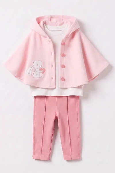 Pembe (3-12 Ay) Tavşan Nakışlı Kapüşonlu Polar Pelerinli Kız Bebek 3'lü Takım 487767