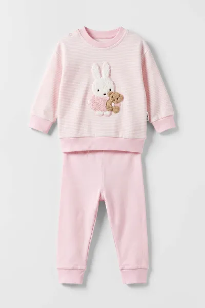 Pembe (3-12 Ay) Tavşan Nakışlı Yan Çizgili Kız Bebek Takım 475927