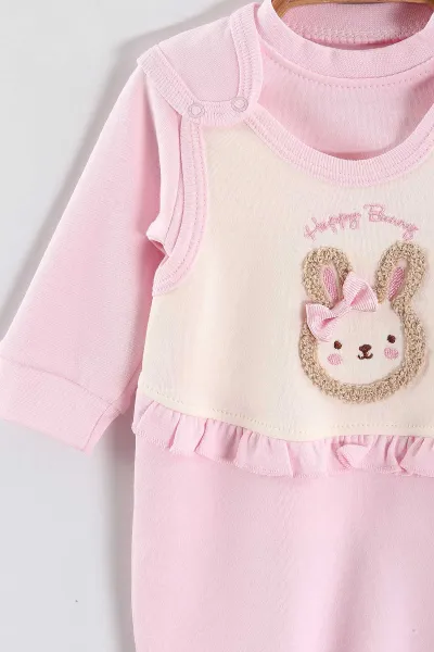 Pembe (3-12 Ay)  Tokalı Tavşan Nakışlı Kız Bebek Salopet Takım 456601