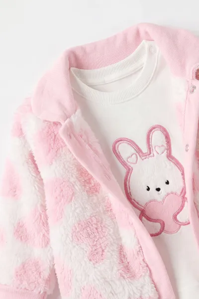 Pembe (3-12 Ay)Kalp Nakışlı Badili Peluş Ceketli  Kız Bebek 3'lü Takım 495640