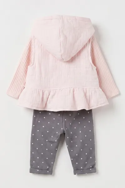 Pembe (3-12 Ay)Kapüşonlu Yelekli Metraj Pantolonlu Kız Bebek 3'lü Takım 473169