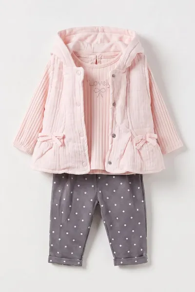 Pembe (3-12 Ay)Kapüşonlu Yelekli Metraj Pantolonlu Kız Bebek 3'lü Takım 473169
