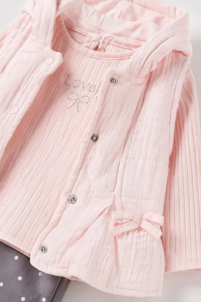 Pembe (3-12 Ay)Kapüşonlu Yelekli Metraj Pantolonlu Kız Bebek 3'lü Takım 473169