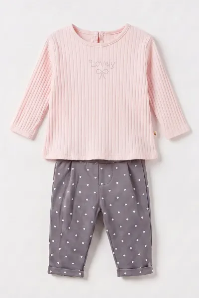 Pembe (3-12 Ay)Kapüşonlu Yelekli Metraj Pantolonlu Kız Bebek 3'lü Takım 473169