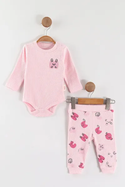 Pembe (3-12 Ay)Nakışlı Fitilli Çıtçıtlı Badili Kız Bebek Takım 468674