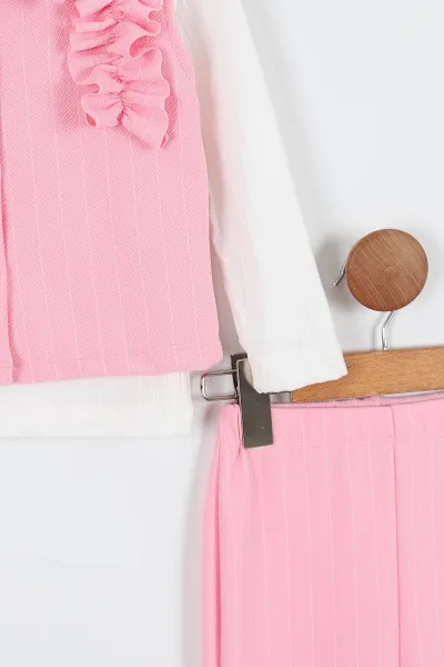 Pembe (3-12 Yaş) Krep Kumaş Fırfır Detay Gömlek Badili İspanyol Pantolonlu Kız Çocuk Takım 337353